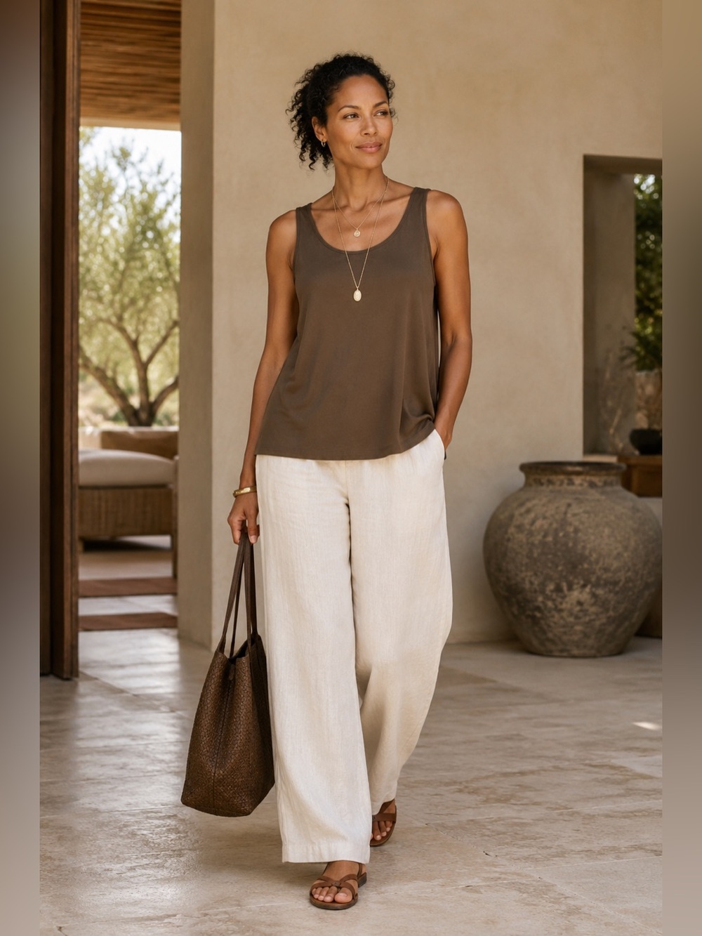 NWOT 100% Silk Eileen Fisher Tank Top Brown Sleeveless Scoop Neck Shell XS